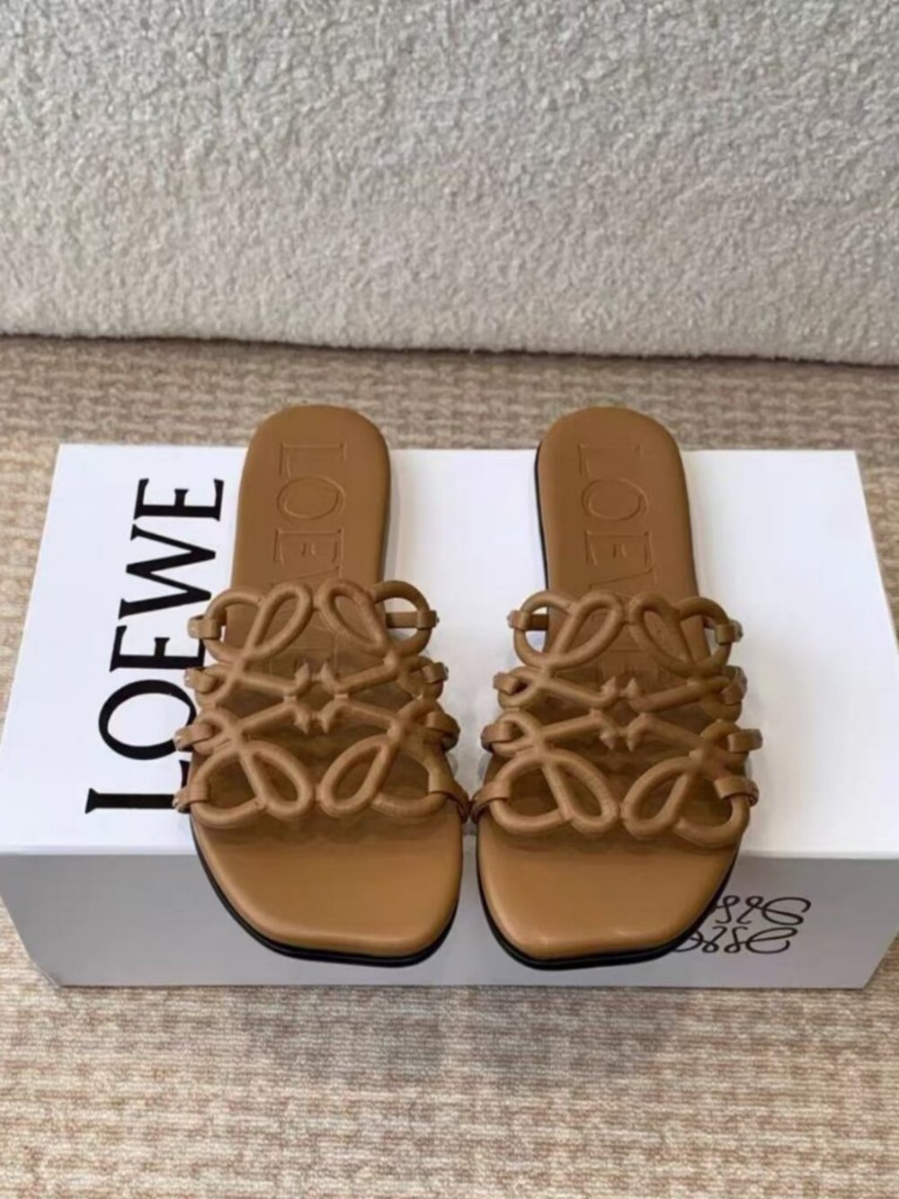 Loewe Caramel Brown Anagram Logo Leather Flat Slippers